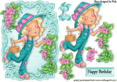 Little Girl with Pretty Pink Flowers and Bow