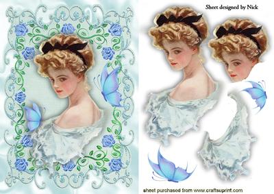 Vintage Lady in Frame of Roses with Butterflies