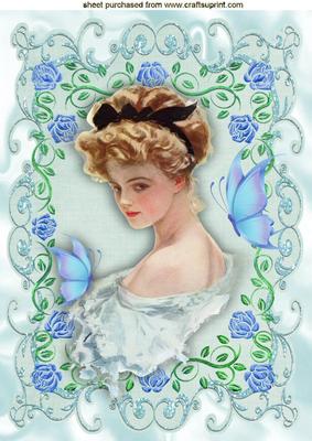 Vintage Lady in Frame of Roses with Butterflies A4