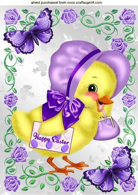 Easter Chick in Bonnet with Purple Butterflies A4