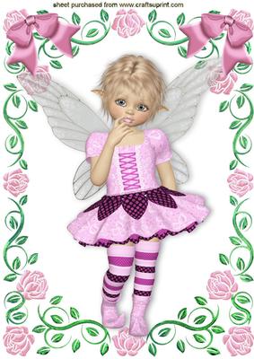 Cute Little Faerie in Frame of Pink Roses and Bows A4