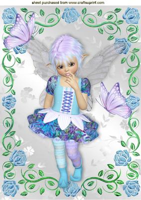 Cute Little Faerie with Butterflies in Blue Rose Frame A4