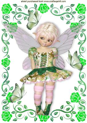 Cute Little Faerie with Butterflies in Green Rose Frame A4