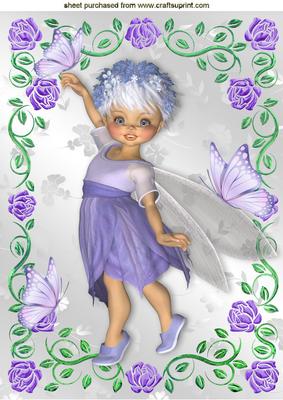 Cute Little Faerie with Butterflies in Purple Rose Frame A4