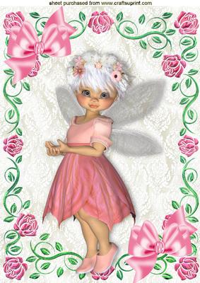 Pink Fearie on Lace in Pink Rose Frame with Bows A4