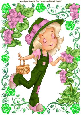 Little Lady with Pink Flowers in Green Rose Frame A4
