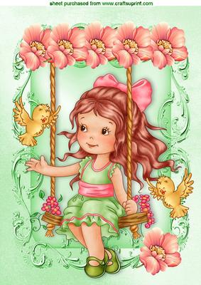 Little Girl on a Swing with Birds and Flowers A4