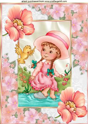 Little Girl Sitting by the Stream with Little Bird A4