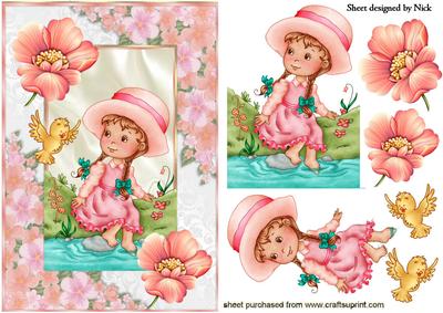 Little Girl Sitting by the Stream with Little Bird