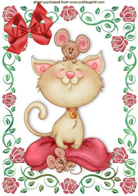 Cute Little Kitten with Mice in Rose Frame A4
