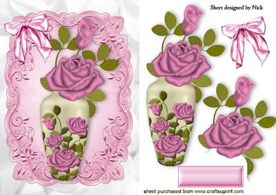 Vase of Pink Roses with Bow in Ornate Frame