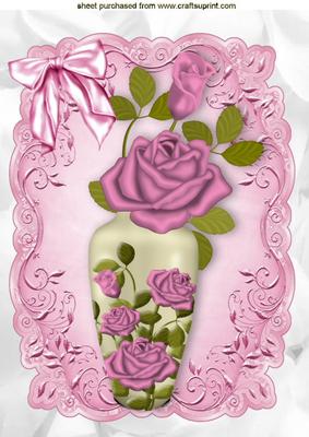 Vase of Pink Roses with Bow in Ornate Frame A4