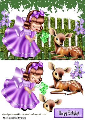 Sweet Girl with Little Deer in the Garden