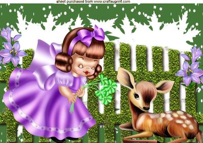 Sweet Girl with Little Deer in the Garden A4