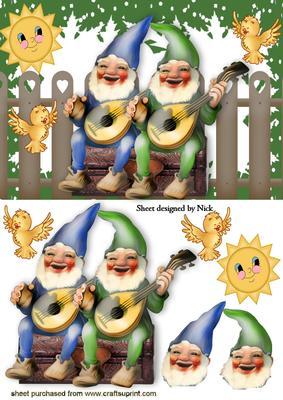 Happy Musical Gnomes in the Garden with Birds