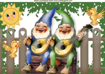 Happy Musical Gnomes in the Garden with Birds A4