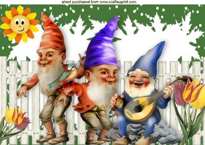 Trio of Dancing Gnomes in the Garden A4