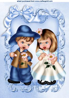Little Boy & Girl with Flowers and Big Bow A4