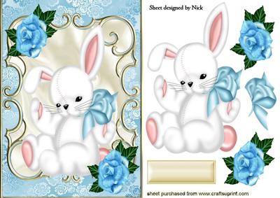 Cute Bunny in Bow in Ornate Frame with Flowers