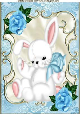 Cute Bunny in Bow with Flowers in Ornate Frame A4