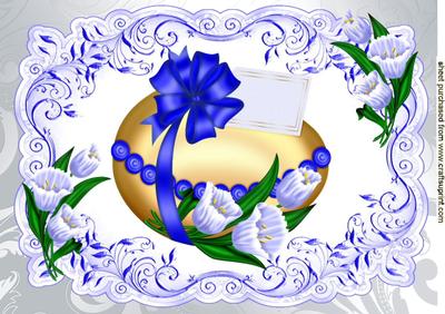 Easter Egg with Bow in Blue Ornate Frame with Flowers A4