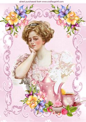 Vintage Lady with Flowers at Tea A4