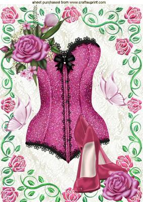 Pretty Pink Basque in Pink Rose Frame with Butterflies A4