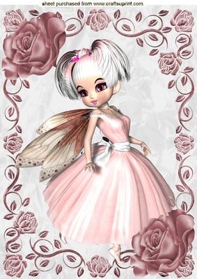 Pretty Faerie in Pink with Brown Roses in Frame A4