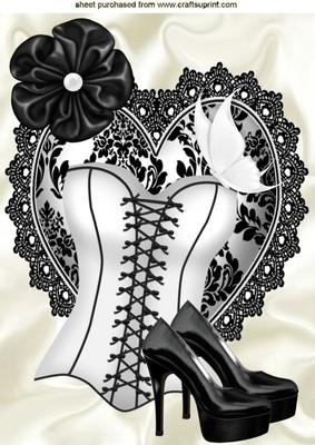 Pretty White Basque on Black Lace Heart with Butterfly A4