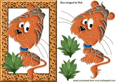 Cute Cartoon Tiger in Frame with Leaves