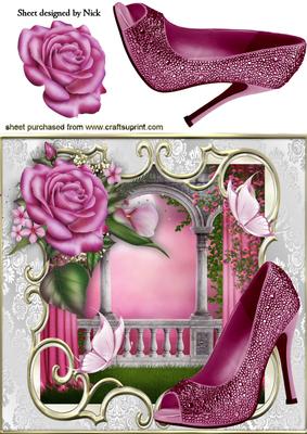 Pink Sparkle Shoes with Roses and Butterflies 8x8