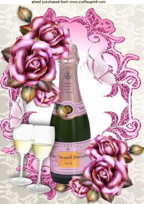 Pink Champagne and Glasses with Roses A4