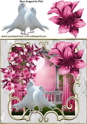 White Doves with Fantasy Scene with Flowers 8x8