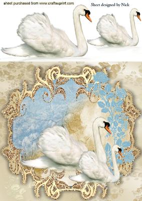 White Swans with Cloud Fantasy Scene with Flowers 8x8