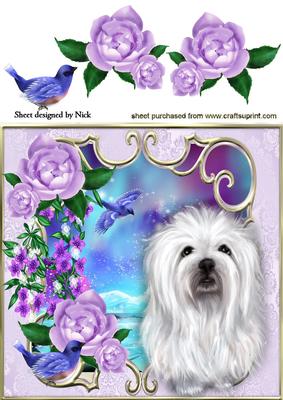 Little White Dog with Lilac Roses & Blue Birds 8x8