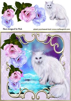 White Persian Cat, with Fantasy Flowers 8x8