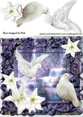 White Doves and Lilies with Waterfall 8x8