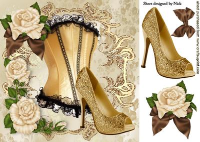 Gold Basque with Shoe & Cream Roses 8x8
