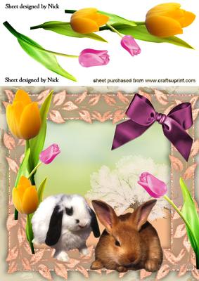Cute Bunnies with Pretty Tulips 8x8