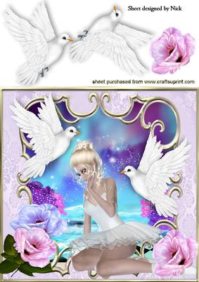 Ballet Dancer with White Doves in Fantasy Scene 8x8