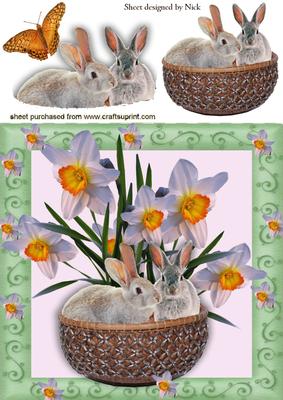 Springtime Daffodils with Bunnies in a Basket 8x8