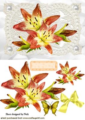 Painted Lilies on Vintage Lace with Pearls