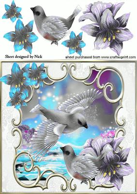 Pretty Birds in Silver with Fantasy Flowers 8x8