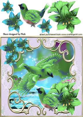 Pretty Birds in Green with Fantasy Flowers 8x8