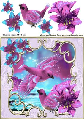 Pretty Birds in Pink with Fantasy Flowers 8x8