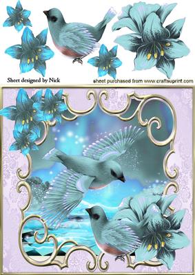 Pretty Birds in Sky Blue with Fantasy Flowers 8x8