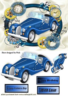 Blue Vintage Car in Steampunk Frame with Clocks