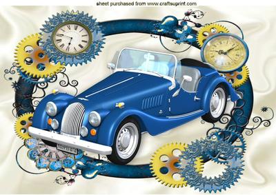 Blue Vintage Car in Steampunk Frame A4