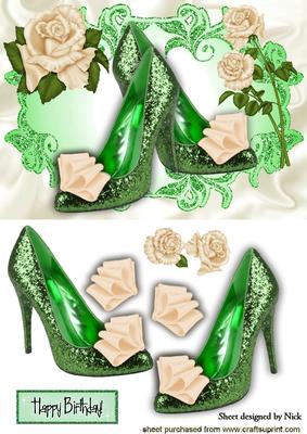 Green Sparkle Shoes with Cream Roses