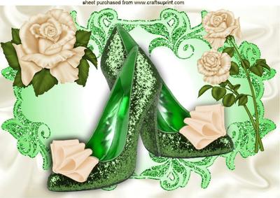 Green Sparkle Shoes with Cream Roses A4